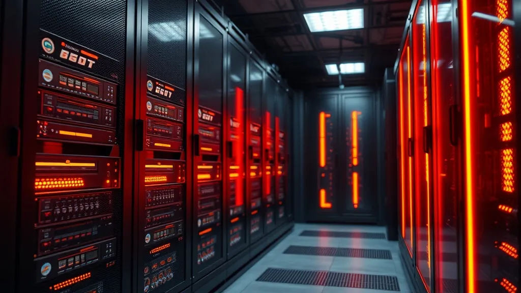 Industrial high-tech server room with orange neon lights, ma