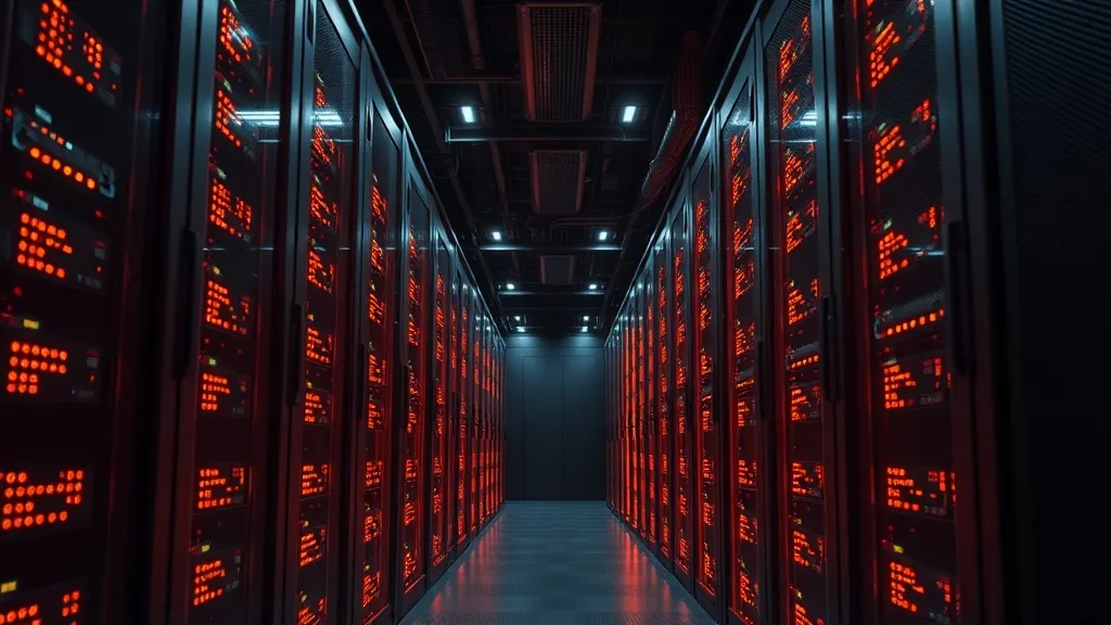 High-tech server room with glowing orange LED lights on serv