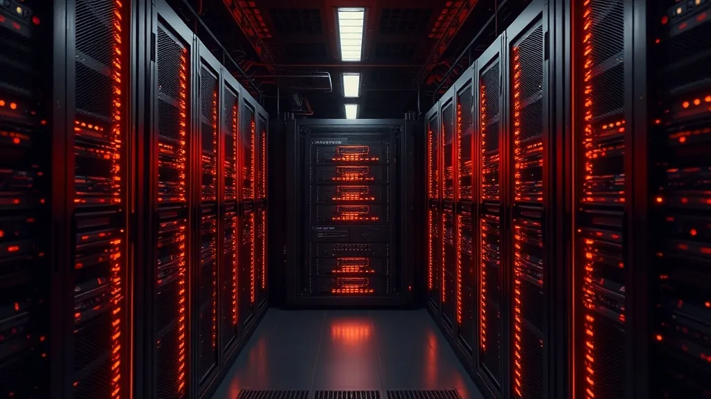 A high-tech server room with dark racks, orange glowing ligh